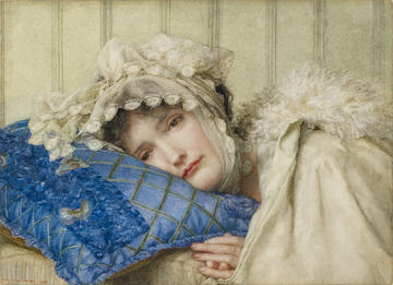 Landscape watercolour of Girl in a Bonnet with her Head on a Blue Pillow