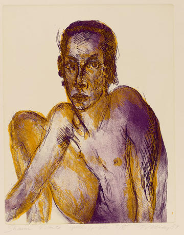 etching of a man printed in yellow and purple on heavy white Fabriano paper by Artist Rainer Fetting, 1989