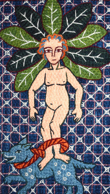 Wild Woman embroidery by Tanya Bentham called 'The Cure for Mansplaining' showing a naked woman with a dog tied to her feet in blues and greens