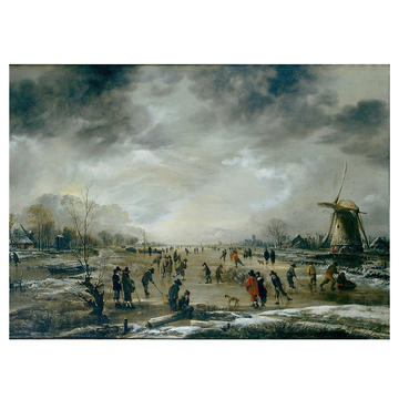 Aert van der Neer, Winter Landscape with Skaters on a Frozen River, L1074.1 A painting by Aert van der Neer of a winter landscape with skaters on a frozen river