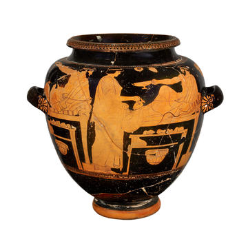 Athenian red-figure stamnos, attributed to the Copenhagen Painter, c. 500-450 BC, AN1965.127 Black Greek pot decorated with orange figures, with handles on either side
