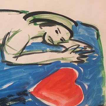 Untitled, 1980, Landscape painting of a woman lying down next to a red heart by Elvira Bach in gouache on paper