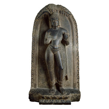 Figure of Buddha beneath the Bodhi tree, AD 600, EAOS.56 Carved stone figure of a standing Buddha