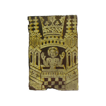Medieval tile from Great Malvern showing sacrificed Jesus, AN1967.672 Medieval tile in red and gold, showing Jesus in the centre and a crown above
