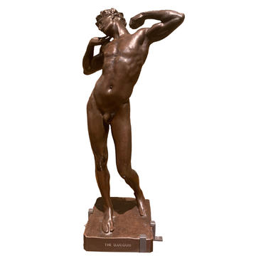 Bronze statue of a nude man stretching, with arms raised
