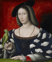 Renaissance portrait of the Queen of Navarre wearing a lavish dress and robe and hat and holding a green parrot against a rich red background