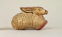 Flask in the form of a hare, with features painted in dark brown and red, and speckled fur