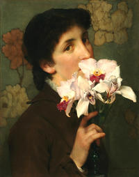 A young woman holds a beautiful bunch of pale pink orchids up to her nose in this painting by the artist Sir Lawrence Alma Tadema, 1879