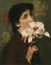 A young woman holds a beautiful bunch of pale pink orchids up to her nose in this painting by the artist Sir Lawrence Alma Tadema, 1879