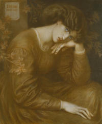 A painting of a seated woman who rests her head on her left hand, her elbow resting on her knee