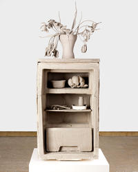 Irish artist Daphne Wright's Fridge a cast clay sculpture showing the inside of a fridge and featuring a vase of dying flowers on the top