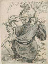Black and white drawing made by Rubens when he was 13 years old, depicting the Abbot and Death, after Hans Holbein, c 1590