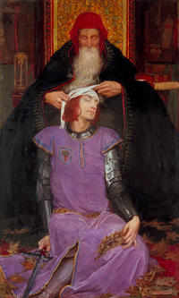 Portrait painting of and old man bandaging up a younger mans head