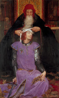 portrait painting of and old man bandaging up a younger mans head