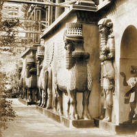 Facade of the Nineveh Court in the Crystal Palace, Sydenham Hill, London, about 1859, showing casts of the lamassus from Nineveh excavated by Layard